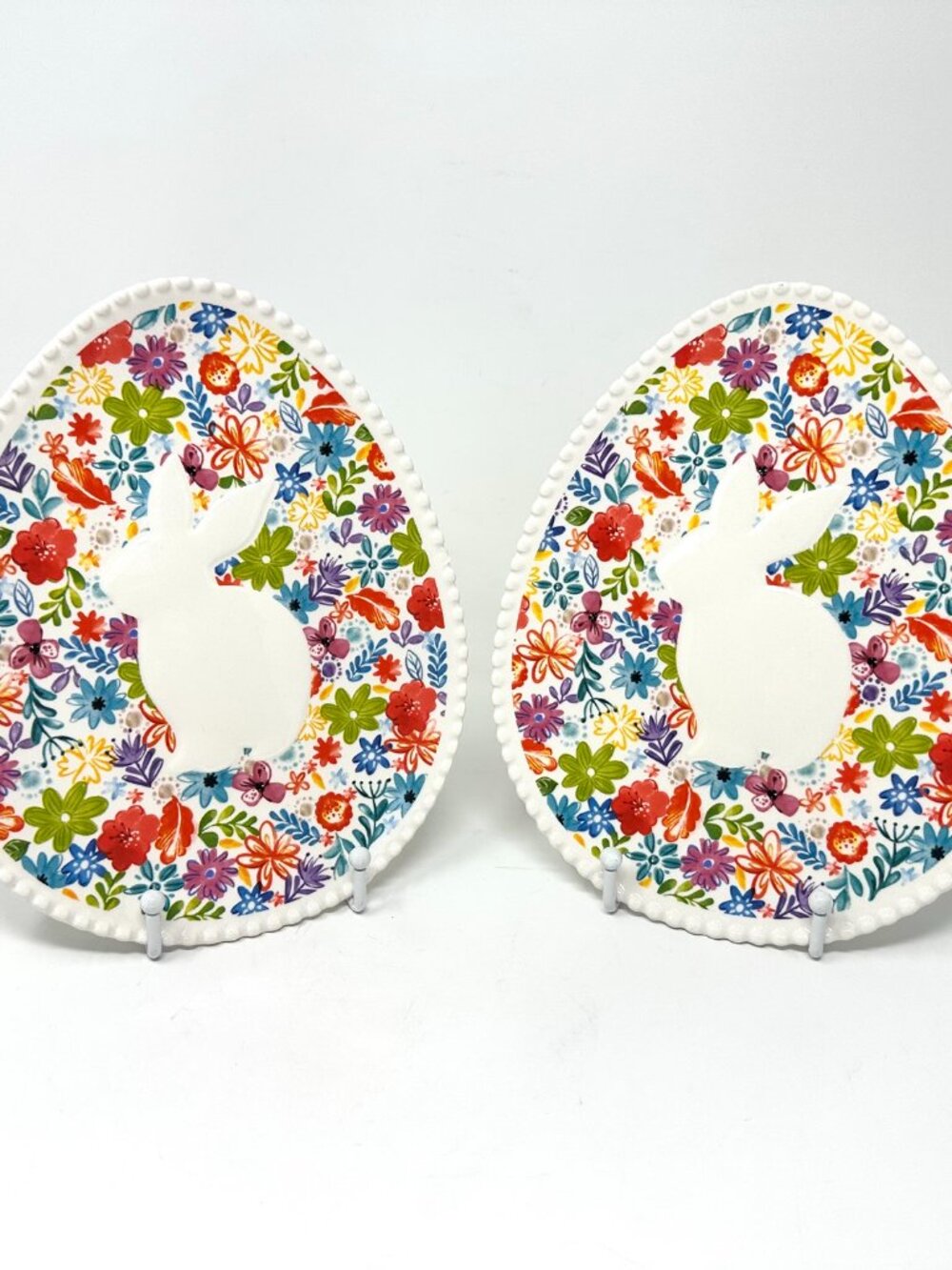 Pier 1 Ironstone Easter Floral Egg Shaped Dish Bunny Silhouette Pair of 2 NWT